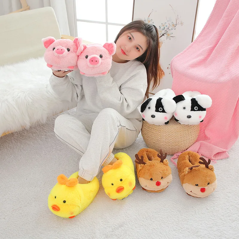 EU36-43 Warm Slippers Cartoon Indoor Flat Long Plush Slippers Home Shoes Floor Slippers Non-slip Duck Pig Girl Boy Couple