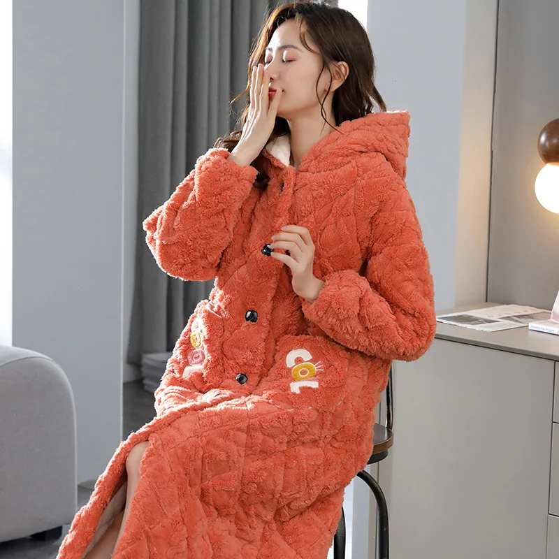 Solid Lovely Thicken Nightgowns Winter Bathrobe Women Pajamas Bath Flannel Warm Robe Sleepwear Female Robes Coral Velvet