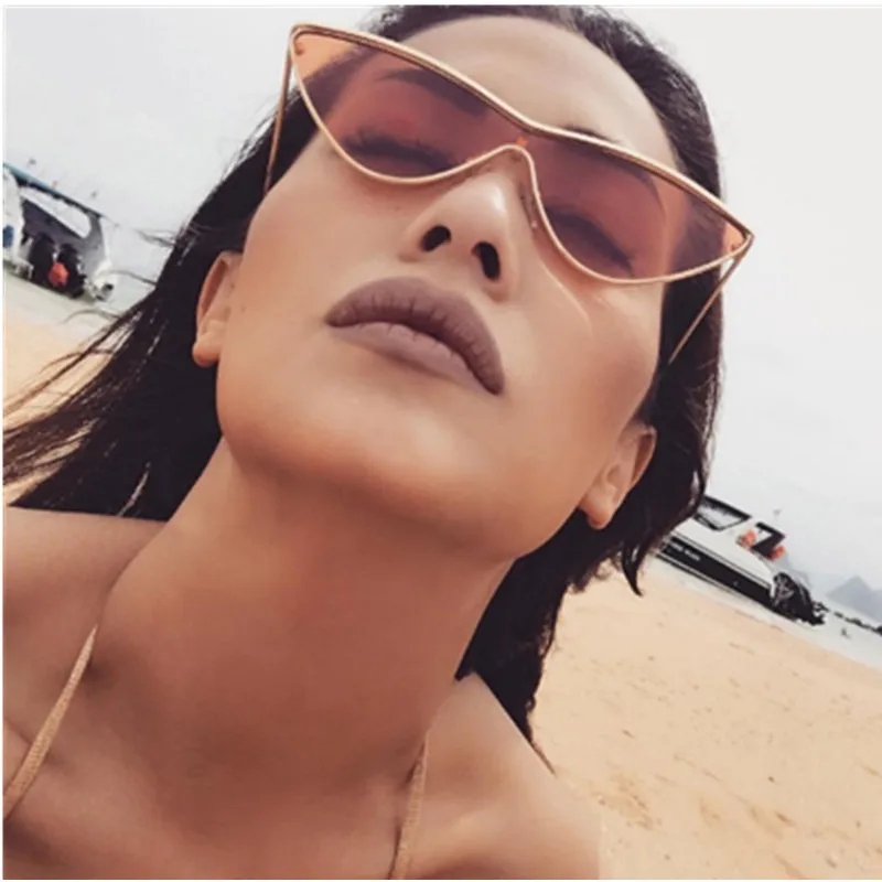 Retro Triangular Cat Eye  Sunglasses Fashion Women Brand Designer One-piece Metal Frame  Colorful transparent Lens Sun Glasses