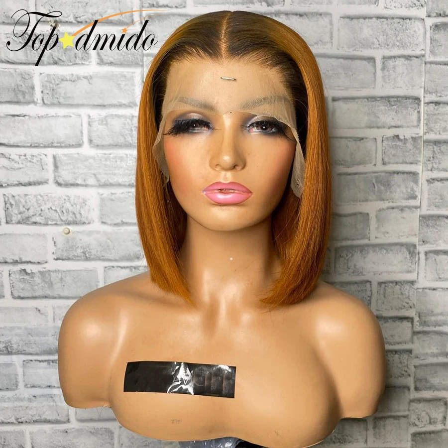 Topodmido Ginger Orange Color 4x4 Clousre Lace Wigs with Baby Hair 13x1 Short Bob Lace Front Wig Brazilian Remy Human Hair Wigs