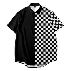 Checkerboard Splicing Printed Casual Men Vintage Loose Beach Shirt New Hawaiian Short Sleeve Shirt Streetwear Oversize 6XL