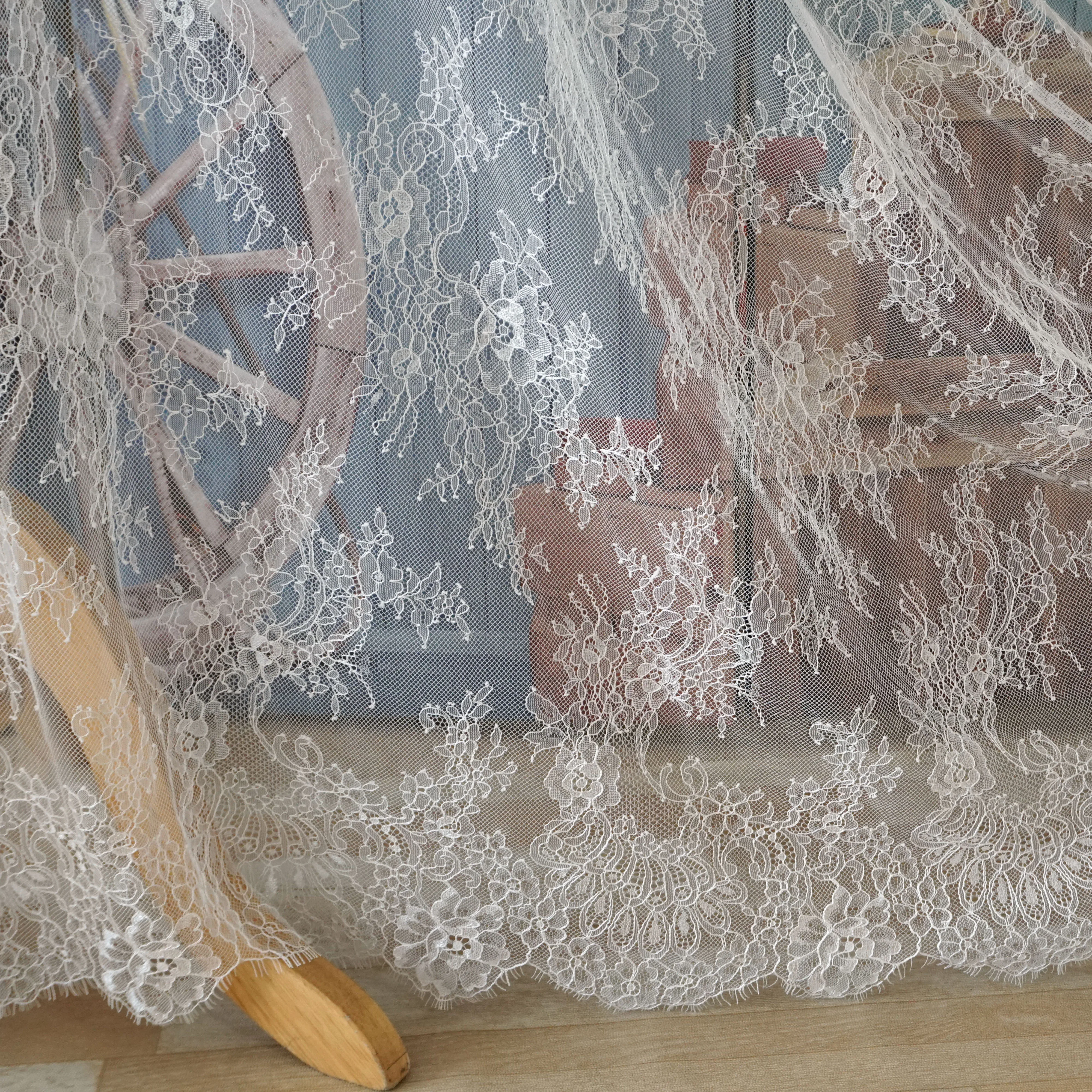 Long sleeve dress lace french lace material with eyelash decoration Thin and soft touching white summer dress lace high quality