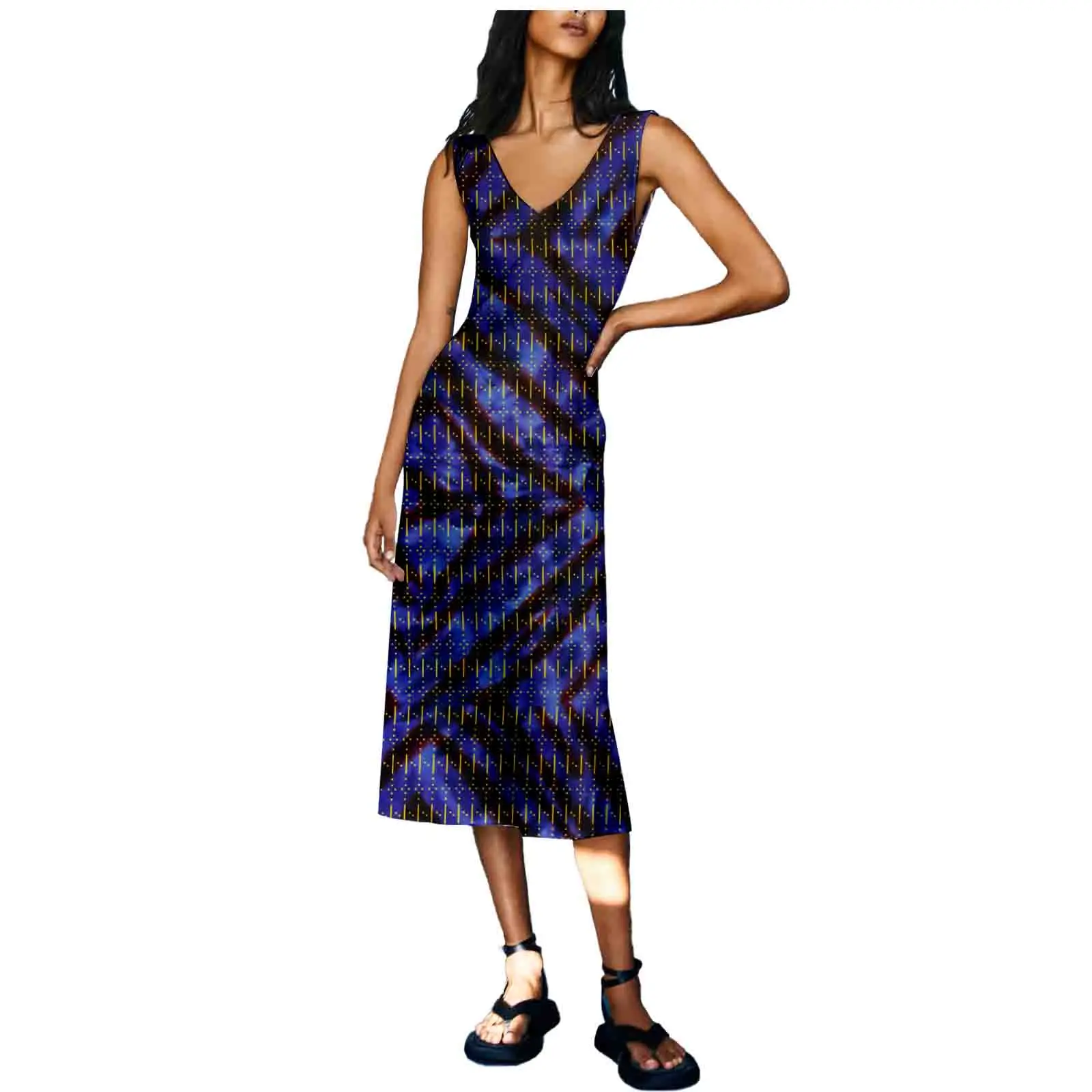 African Clothes For Women Wax Ankara V-Neck Sleeveless Mid-Calf Length Cotton Printed Dress Traditional Outsits v2129004