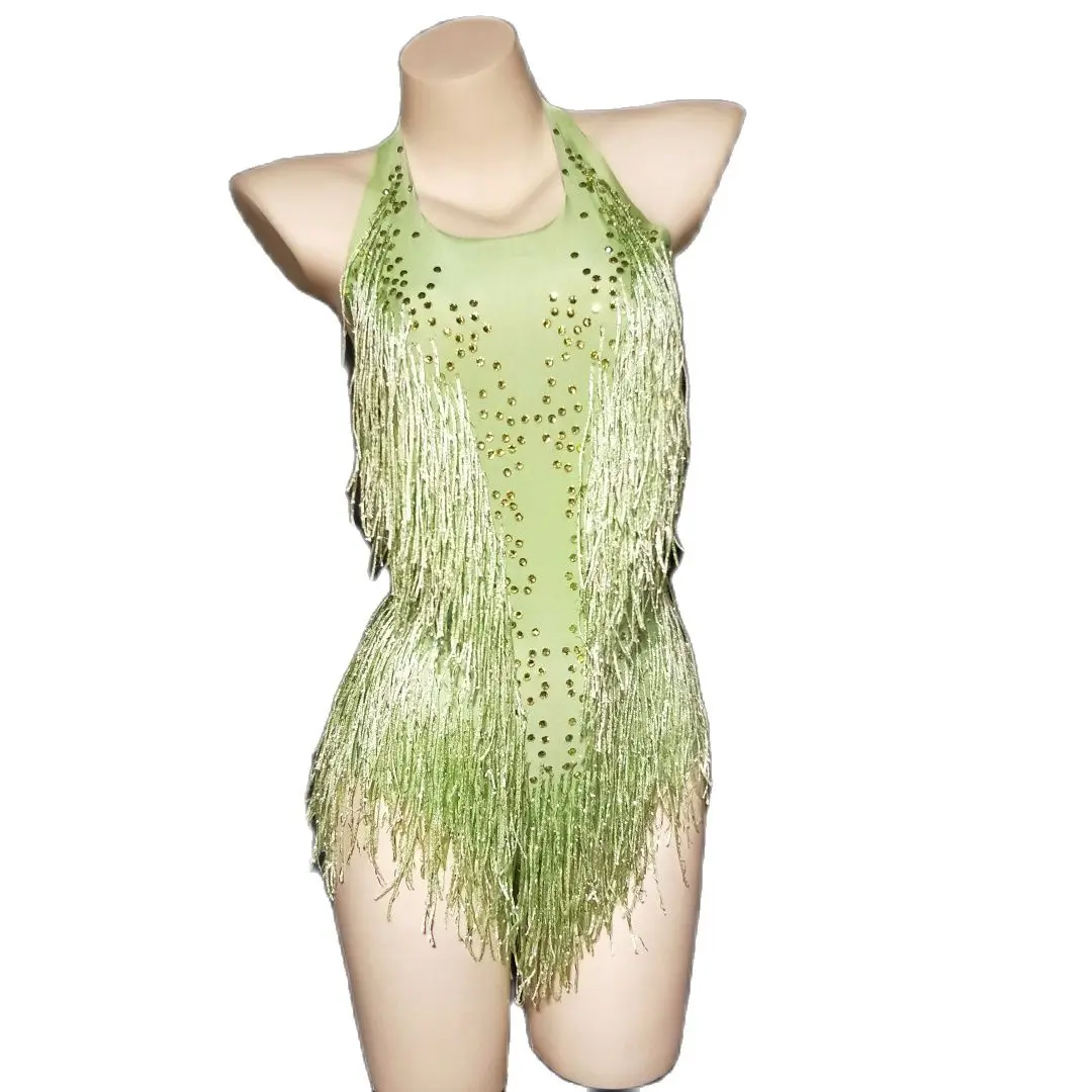 

New Glisten Rhinestones Tassel Bodysuit Sleeveless Stretch Women's Party Prom Bar Outfits Stage Singer Show Romper