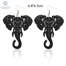 SOMESOOR 3 Colors Engraving Arican Elephant Wooden Drop Earrings Afrocentric Ethnic Tribal Eco Dangle Jewelry For Women Gifts