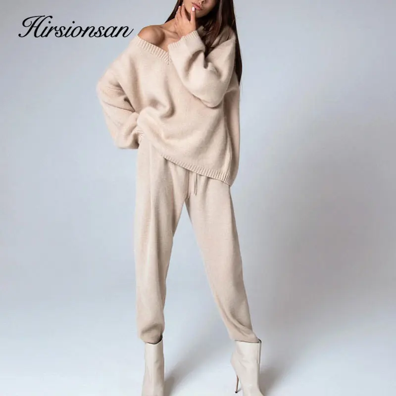 Hirsionsan V Neck Cashmere Sweater Women 2023 Autumn New Elegant Knitted Casual Pullovers Loose Soft Female Jumper Lazy Oaf