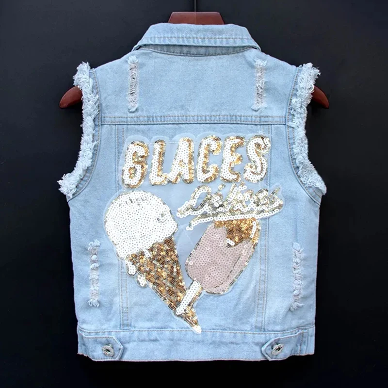 Baby Girl\'s Spring Autumn Cotton Denim Cartoon Vest Toddler Kids Sequins Embroidery Girls Waistcoat Children Jacket Clothing