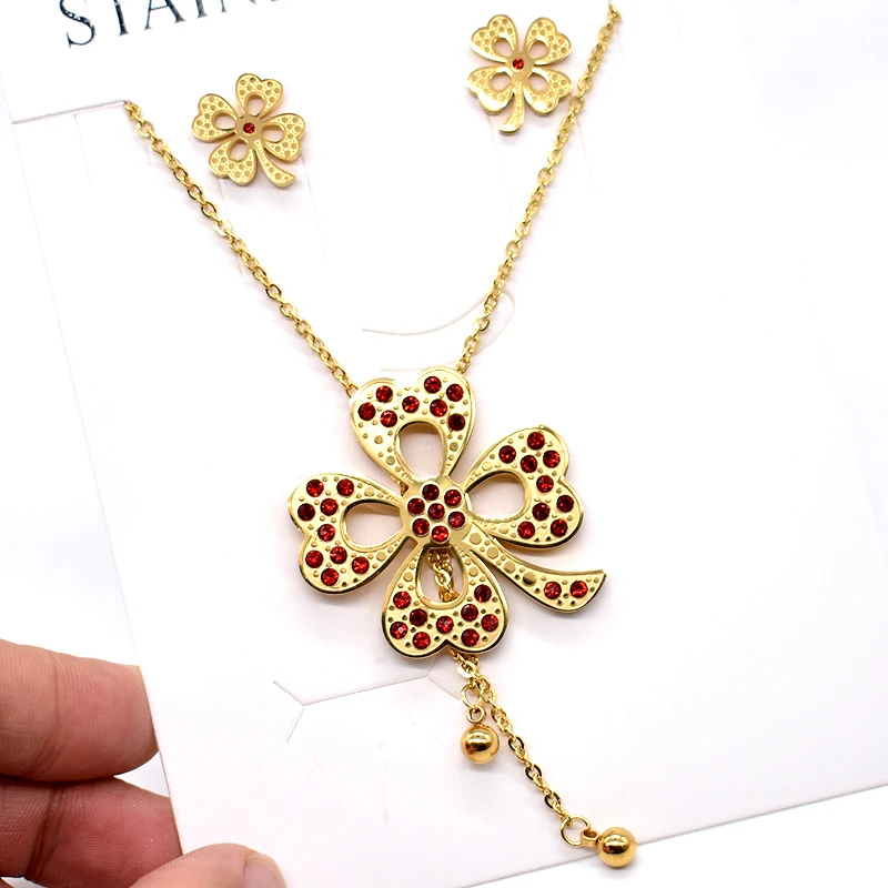 AMUMIU Gold Color Clover Red Crystal Stainless Steel Pendant Necklace Earrings Jewelry Sets For Women Children Girls HTZ163