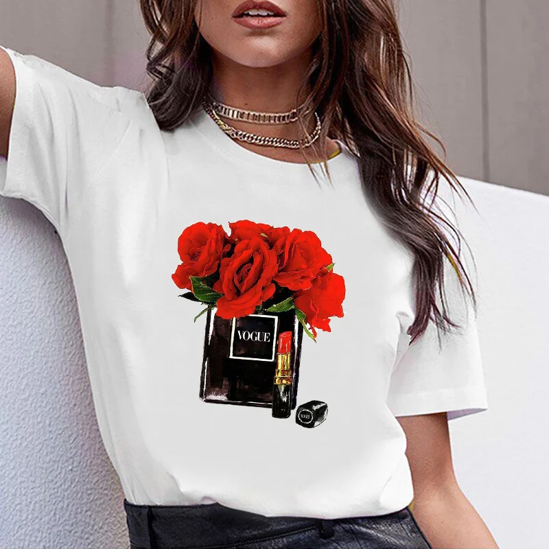 Women Clothes luxury brand women's perfumePrint Sweet Short Sleeve T-shirt Printed Women Shirt T Female T-shirt Top Woman Tee