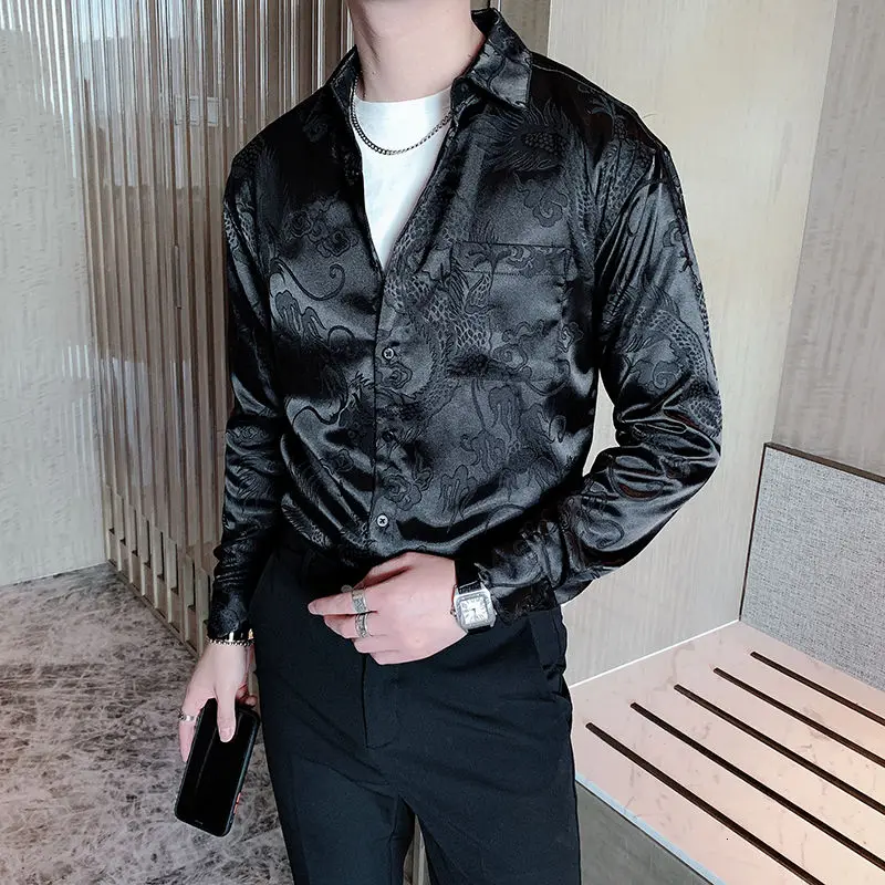

Style Men Chinese Vintage Dragon Print Designer Shirt Long Sleeve Loose Casual Pullover Shirt Male Punk Gothic Dress Shirts