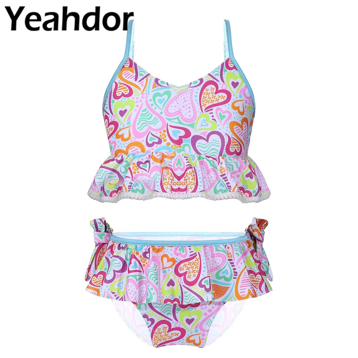 2Pcs Kids Girls Print Swimsuit Swimwear Adjustable Shoulder Strap V Neck Ruffle Crop Top Bikini Bottom Set for Beach Pool