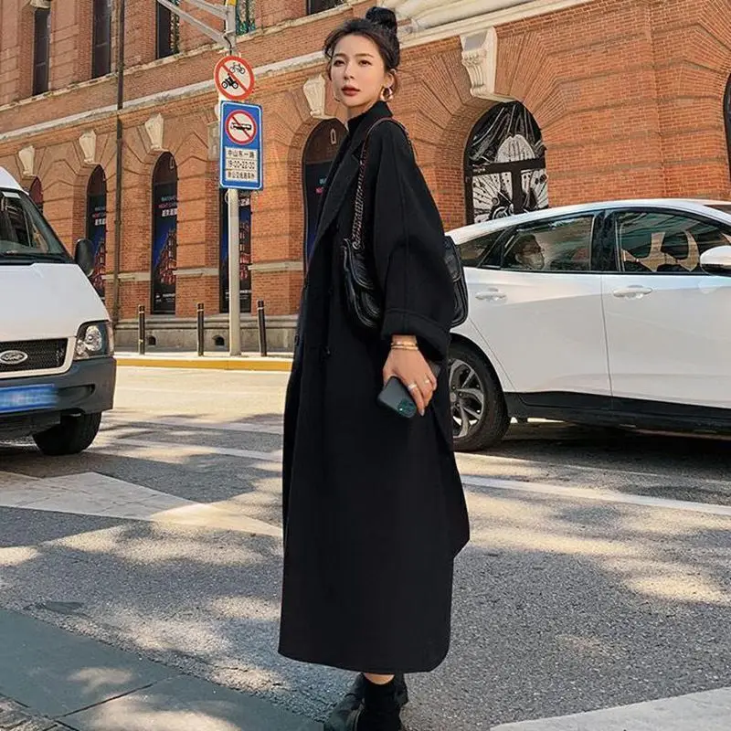 

Winter Elegant Wool Blend Women Korean Fashion Black Long Coats Vintage Thick Warm Woolen Overcoat Camel Oversize Outwear Y747