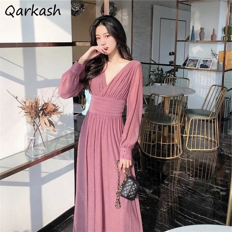 Long Sleeve Dress Women Autumn Ankle-length Female Elegant Solid Bright-silk Stylish Vintage French Style Party Ulzzang Trendy