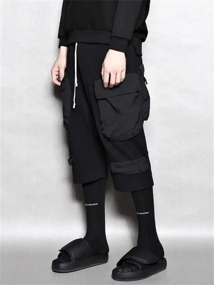 Hong Kong style men's dark purse pocket functional tapered pants loose harem pants