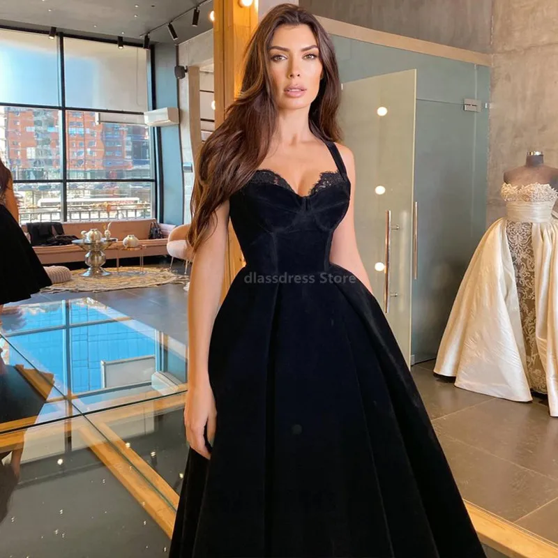 Elegante y sencillo vestido De fiesta De Noche De Velour negro, vestido De fiesta con cuello corto Halter, longitud De té para ocasiones especiales, 2022