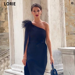 LORIE Black Satin Long Cape Prom Dresses 2021 One Shoulder With Feathers Evening Gowns Sexy Special Occasion Dress Abiti Da Sera