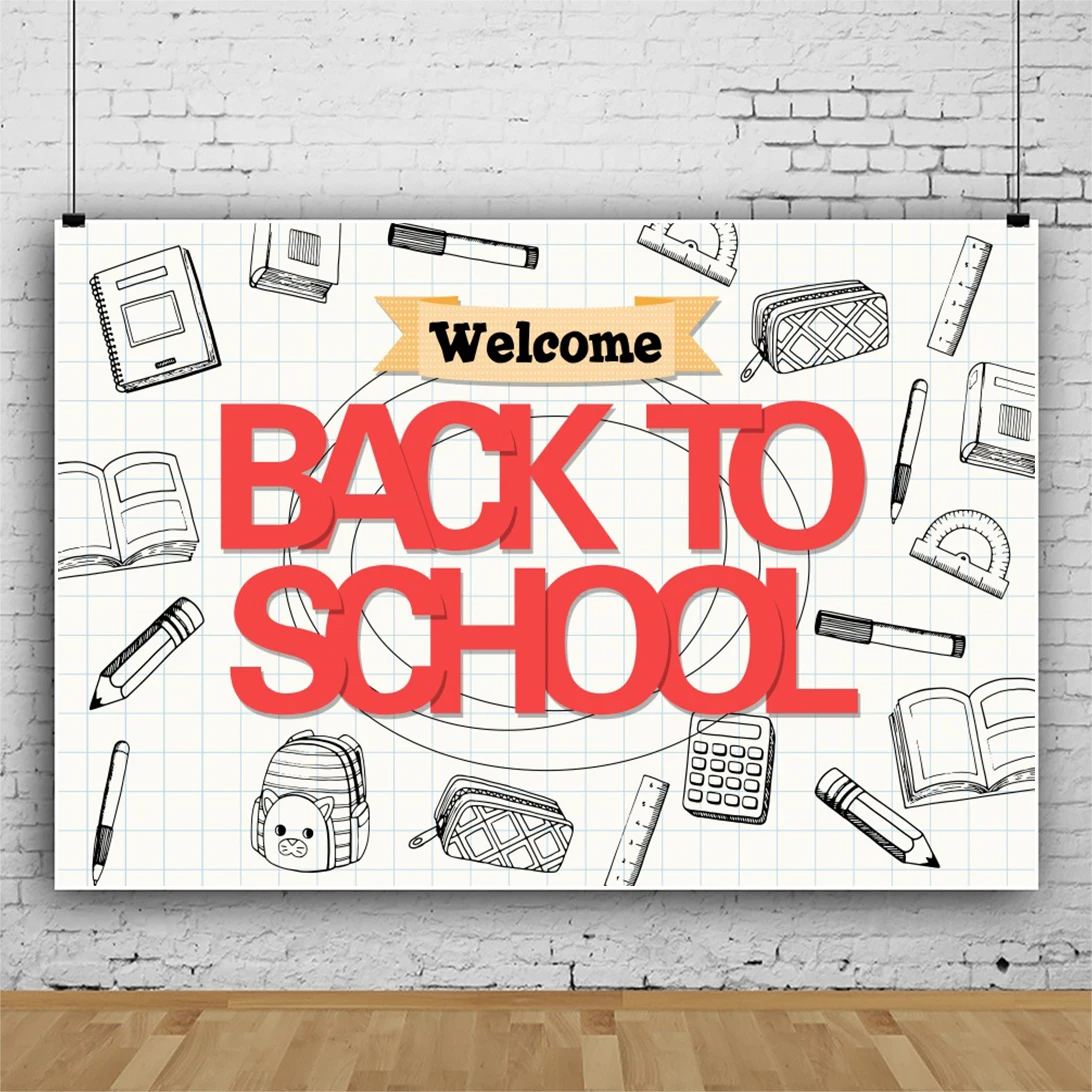 Laeacco White Grid Background Stationery Welcome Back To School Backdrops Customized Banner Poster Pattern Photo Photographic