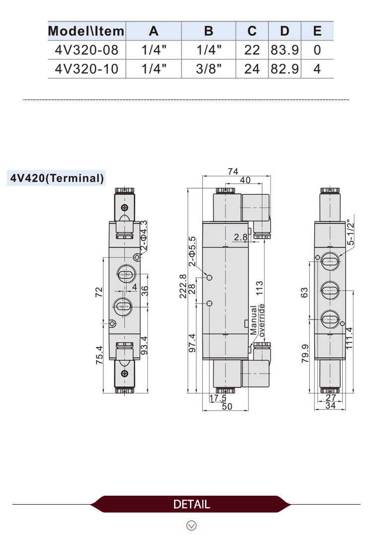 4V220-08/4V320-10/4V420-15 Magnetventil 2 Positionen 5 Anschlüsse Pneumatische Luftventile DC12V DC24V AC110V AC220V Doppelspule – Detail 7