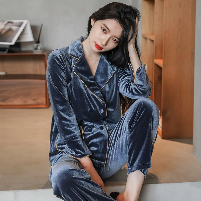 Velvet Sleepwear Autumn Winter New Women Pajamas 2 Pieces PJS Set Casual Nightwear Lounge Wear Velour Intimate Lingerie Homewear