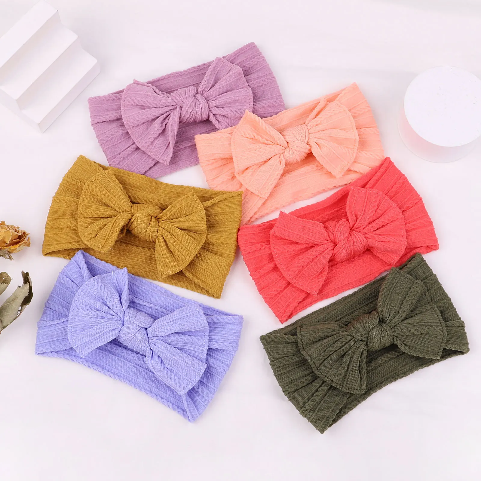 20 Pcs/Lot, Cable Knit Baby Bow Headbands, Knotted Bow Nylon Turban Headwraps Kids Girls Hair Accessories