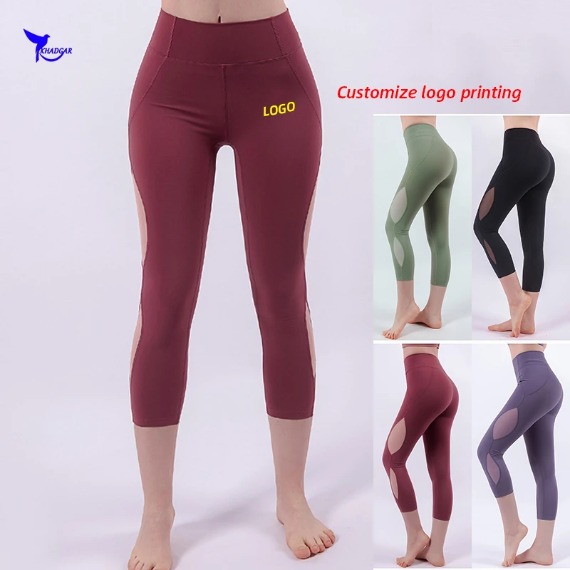 

2020 Quick Dry Elastic Capri Yoga Pants Women Mesh Patchwork High Waist 3/4 Running Tights Fitness Gym Cropped Leggings Custom