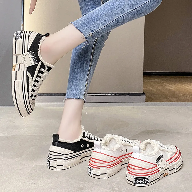 Spring Autumn New Women Shoes Stitch Canvas Casual Thick Bottom Sneakers Breathable Student Beggar Platform Flat Jogging Travel