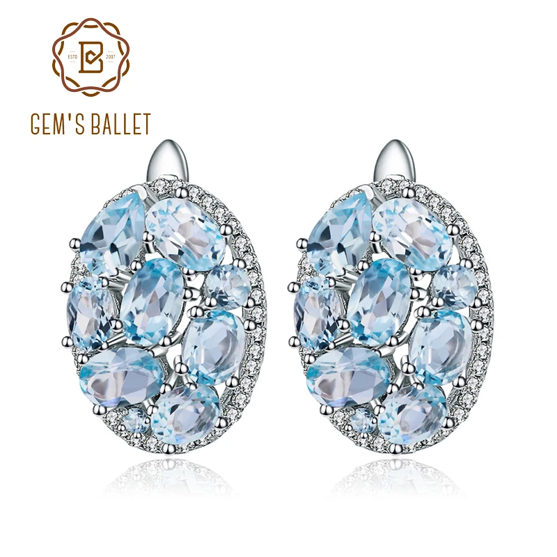 

GEM'S BALLET Natural Sky Blue Topaz Pure 925 Sterling Silver Oval Clip Earrings Women Gift Vintage Luxury Fine Costume Jewelry