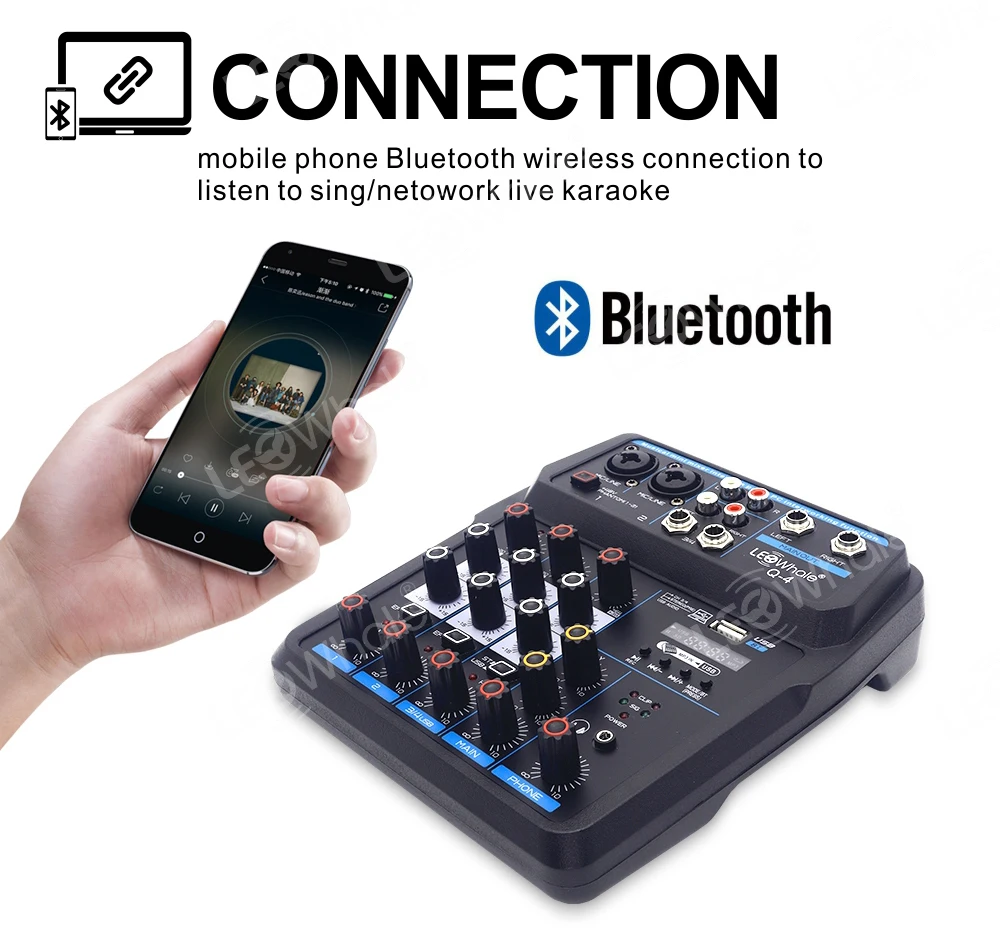 LEOwhale-Mezclador de sonido para DJ, consola de mezcla de Audio con Bluetooth, USB, Monitor de oído Phantom de 48V para grabación de guitarra en PC