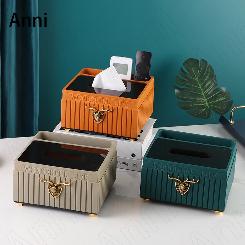 

Creativity Deer Head Decorative Napkin Holder Nordic Vintage Resin Stripes Paper Towel Storage Box Desktop Ornaments Home Decor
