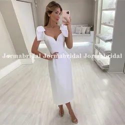Customized Tea Length Wedding Dress Bow Knot Straps V-Neck Straight Skirt Short Bridal Dress White Princess Wedding Party Gowns