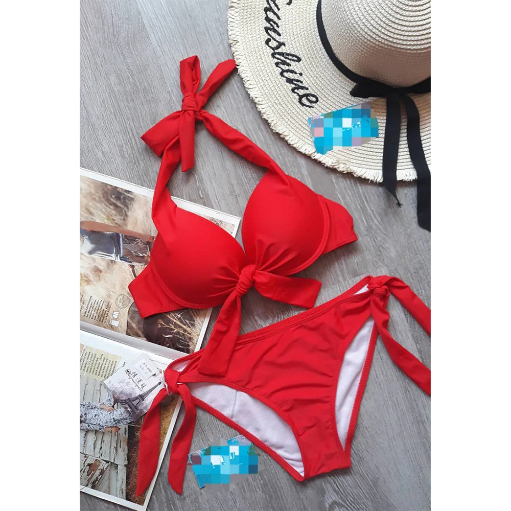 Bikini con cuello Halter para mujer, traje de baño Sexy de color rojo y negro, unicolor, con relleno de realce y aros, 2022