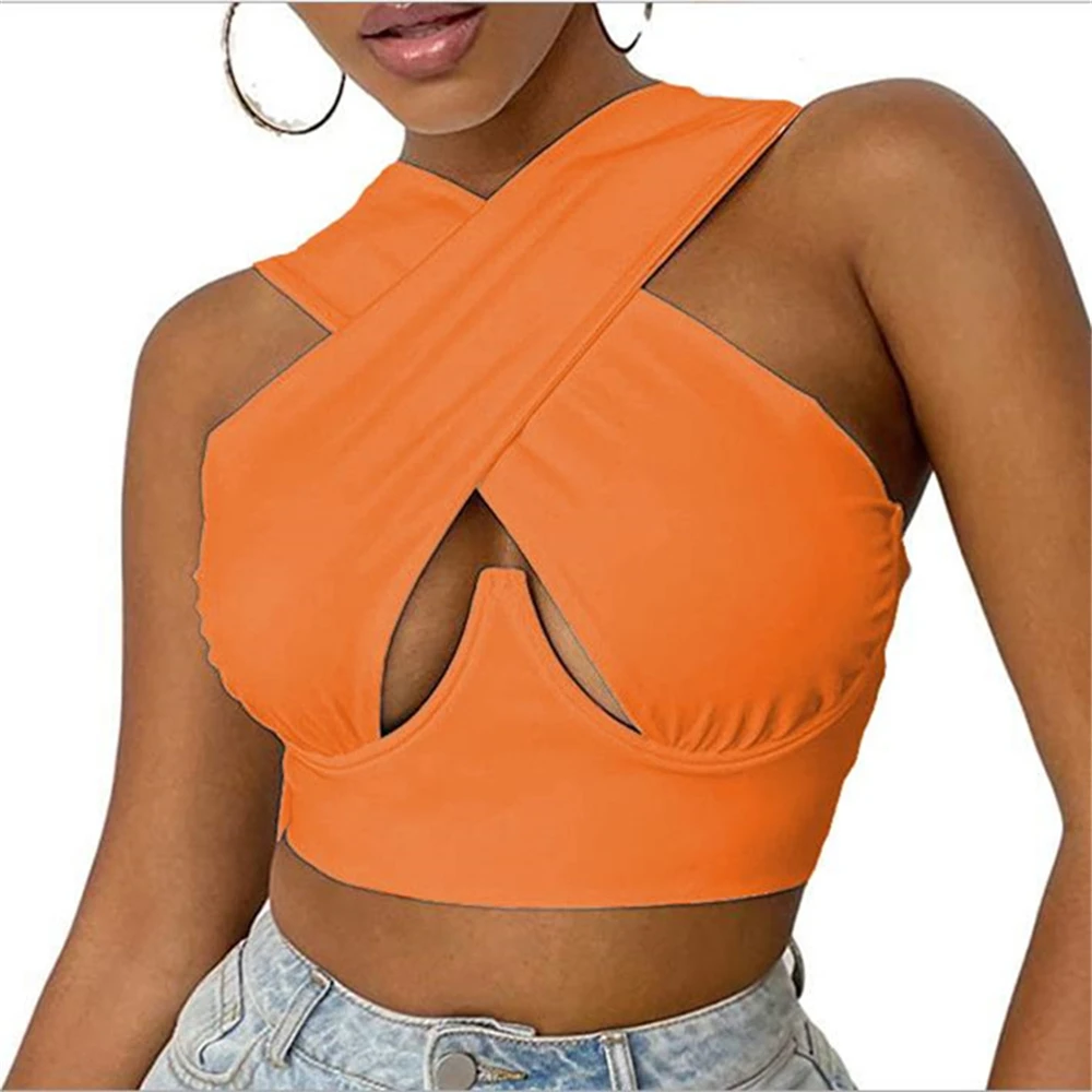 2021 Top marrone corto da donna Criss Cross Tank Sexy senza maniche Solid Cutout Front Top Party Club Streetwear Lady Bustier Tops