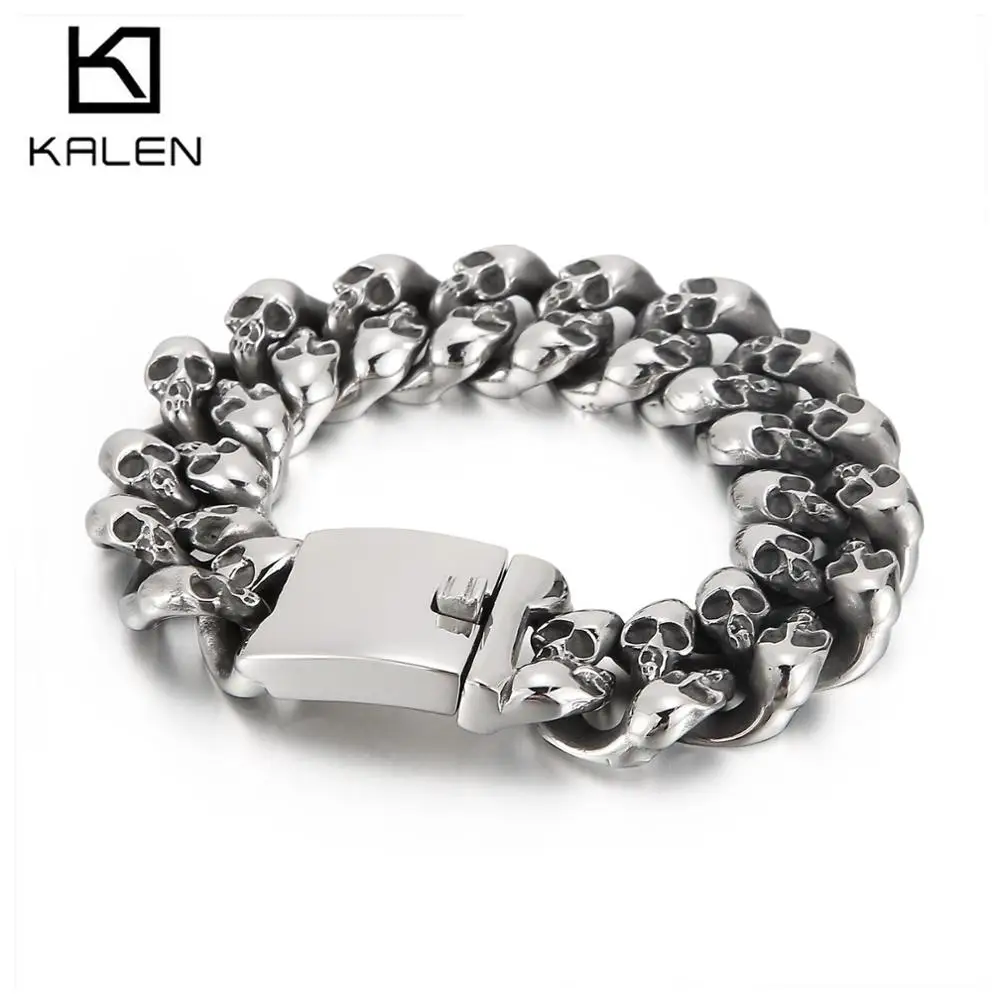 20mm Black/Silver Color Heavy Chunky Punk Skull Bracelet Mens Stainless Steel 316L Ghost Head Curb Cuban Chains Bracelets