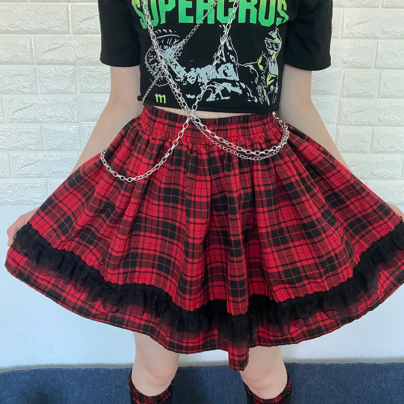 

Cool Lady Street Pleated Skirts Y2k Black Red Plaid Girl Mini Skirt Gothic Lace Harajuku Empire Midi Japanses Dark Goth Clothes