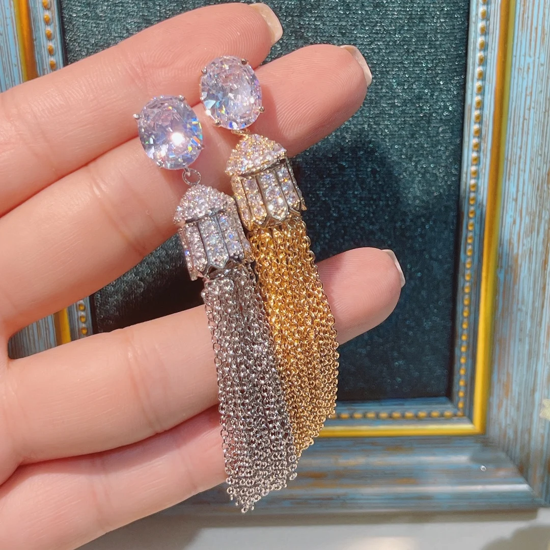 HIBRIDE Long Tassels Drop Full Cubic Zirconia Engagement Wedding Party Nightclub Drop Earrings Women Dressing Up Jewelry E-1013