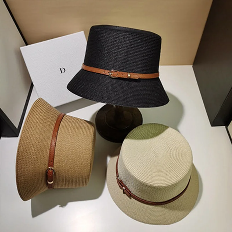 Women's Summer Bucket Hat Belt Decoration UV Protection Sun Cap Female Flat Top Beach Hat Sun Hats Straw Hat Derby Travel