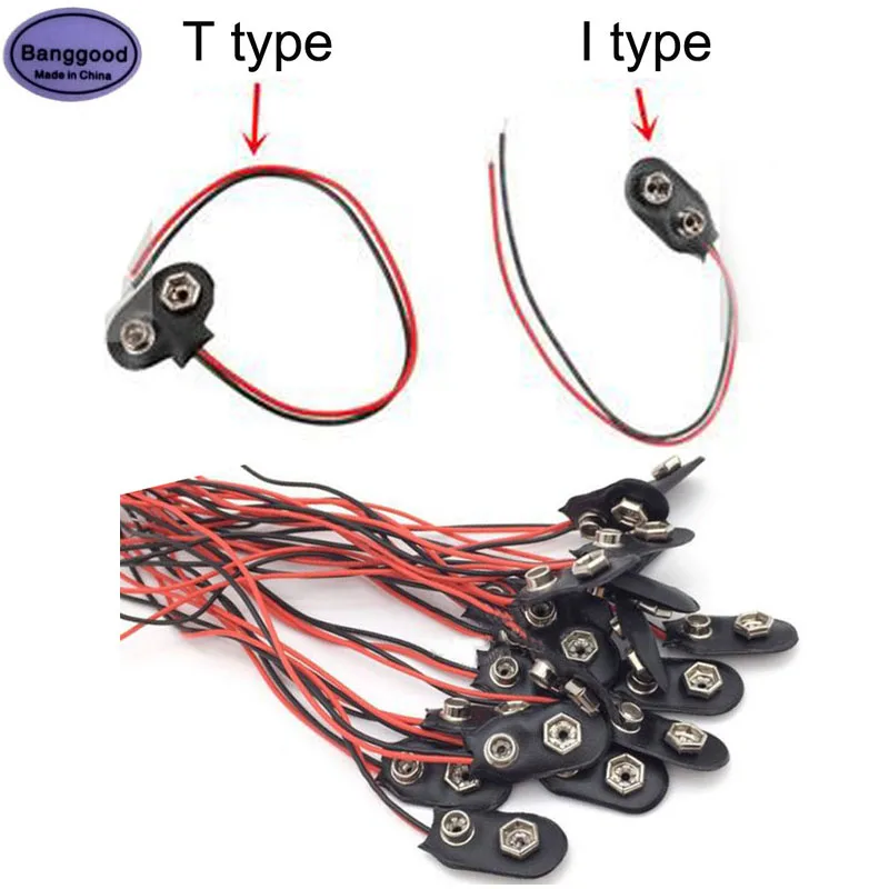 Lot 100PCS DIY T type or I type Snap On 9V Battery Holder Clip Connector Hard Shell 15CM Cable Lead Socket Plug Buckle Wire