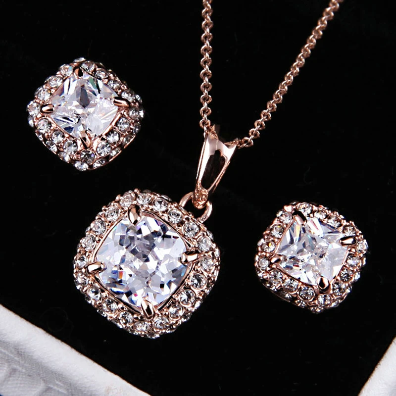 ZHOUYANG Top Quality ZYS008 Rose Gold Color Elegant Wedding Jewelry Necklace Earrings Set Made with Austrian Crystals