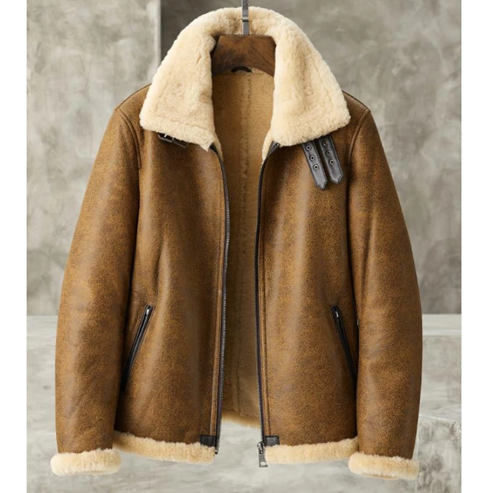 

Men's Shearling Sheepskin Jacket Pilots Coat Aviation Leathercraft Flying Jacket Men's Fur Coat Brown