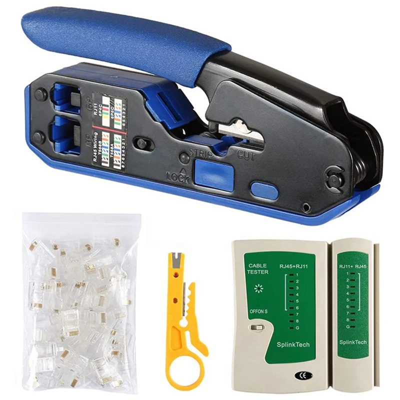 

Network Cable Tester RJ45 Crimp Tool Kit CAT5 CAT5E CAT6 Crimping Tool Kit, 50PCS RJ45 CAT6 Connector Plug