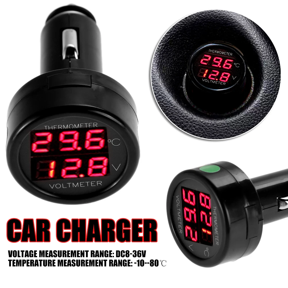 12V 24V Digital Car Voltmeter Thermometer Cigarette Lighter Style 2 in 1 Battery Monitor Voltage Temperature Meter