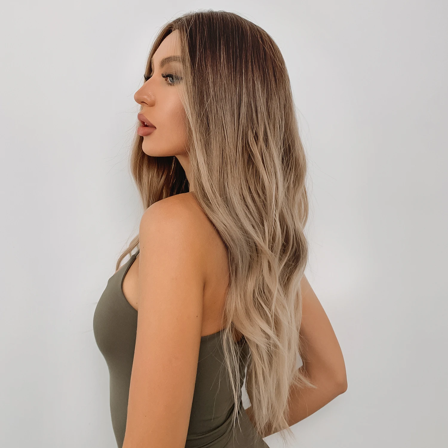 Element Long Water Wave Women Wigs Middle Part Ombre Black Brown Blonde Ash Highlight Synthetic Hair Wig Heat Resistant Hair