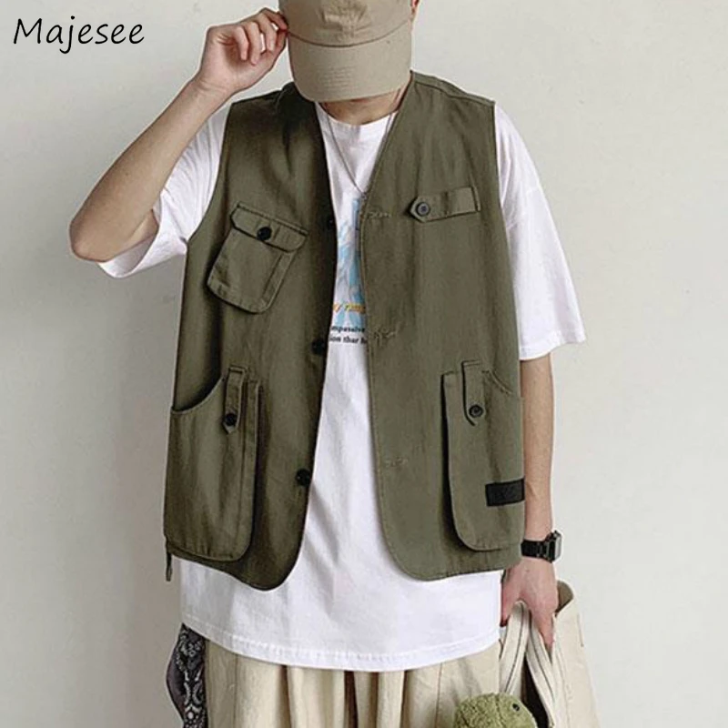 

Vests Men Sleeveless Pockets Cargo Coats Casual Loose Vintage Chic Daily Mens Outwear Safari Style BF Harajuku Unisex Waistcoats