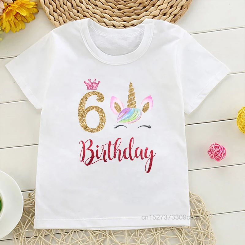 Fashion Kid'S Tshirts 5-9 Years Old Birthday Number Unicorn Graphic Print Girls T-Shirts Birthday Party Clothing