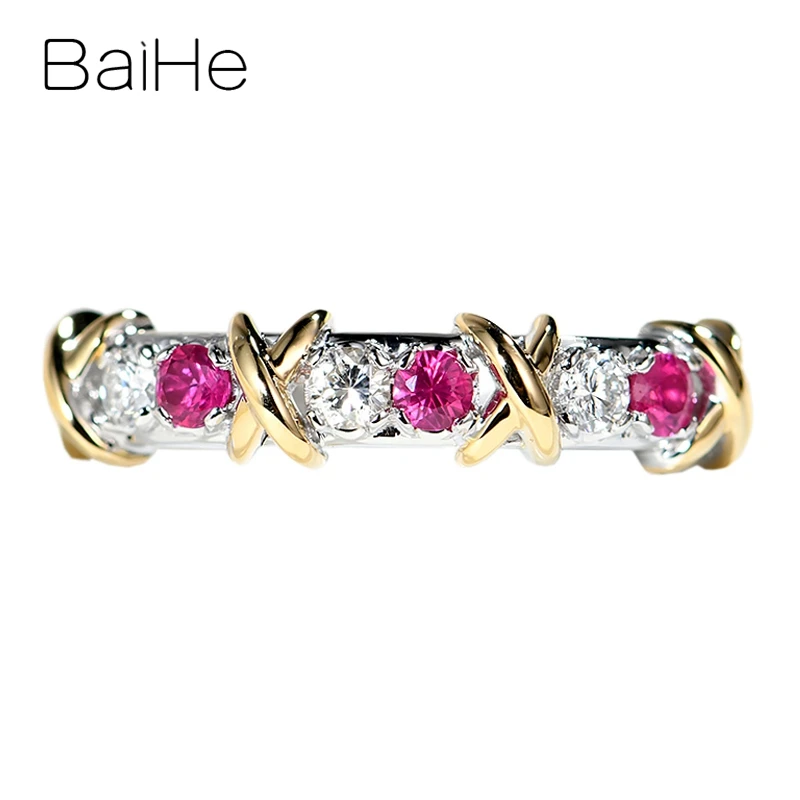 

BAIHE Solid 14K White+Yellow Gold Natural Ruby Diamond Ring Women Trendy Wedding Band Party Fine Jewelry Making Anillo de rubí