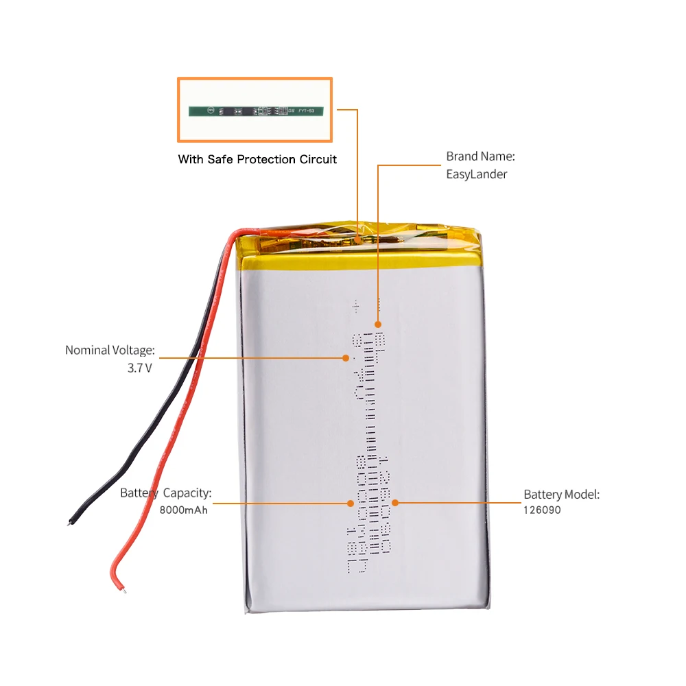 JST 1.25 2P 3.7V 8000mah 126090   แบตเตอรี่ลิเธียมลิเธียมไอออนโพลีเมอร์แบบชาร์จไฟได้