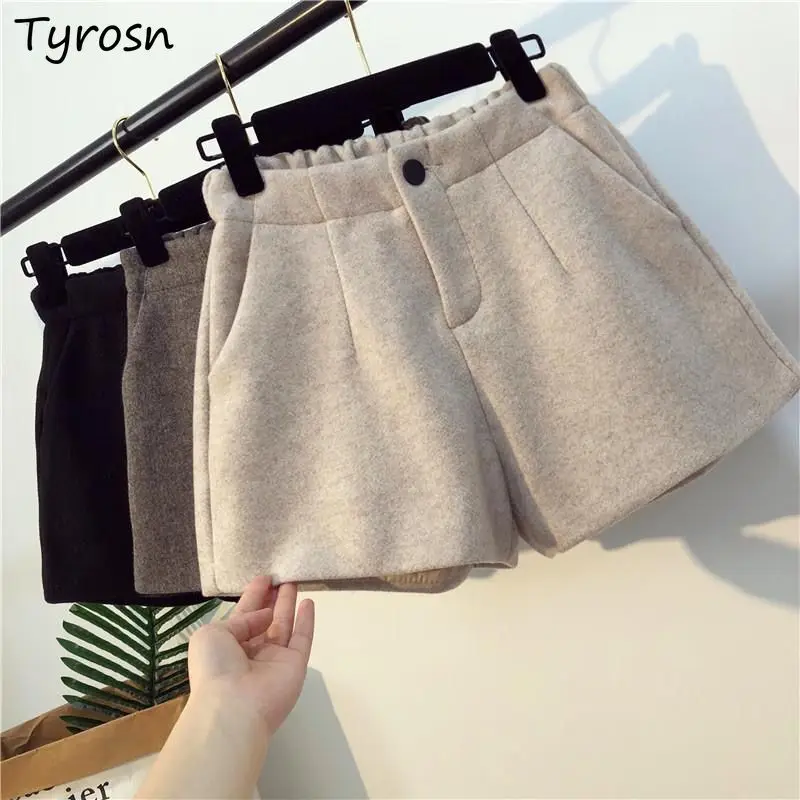 

Women Wide Leg Shorts S-3XL Casual Loose High Elastic Waist Solid Woolen Retro Winter All-match Basic Trousers Popular Elegant