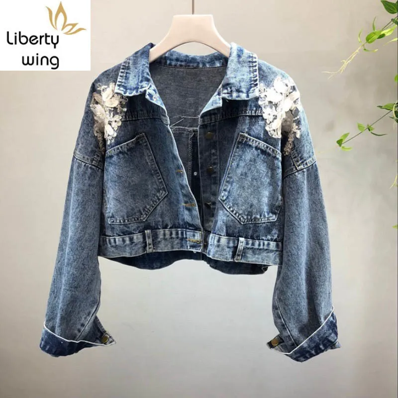 

Embroidery Chains Short Denim Women Single Breasted Beading Turn-Down Collar Full Sleeve Jeans Jacket Ladies Autumn New