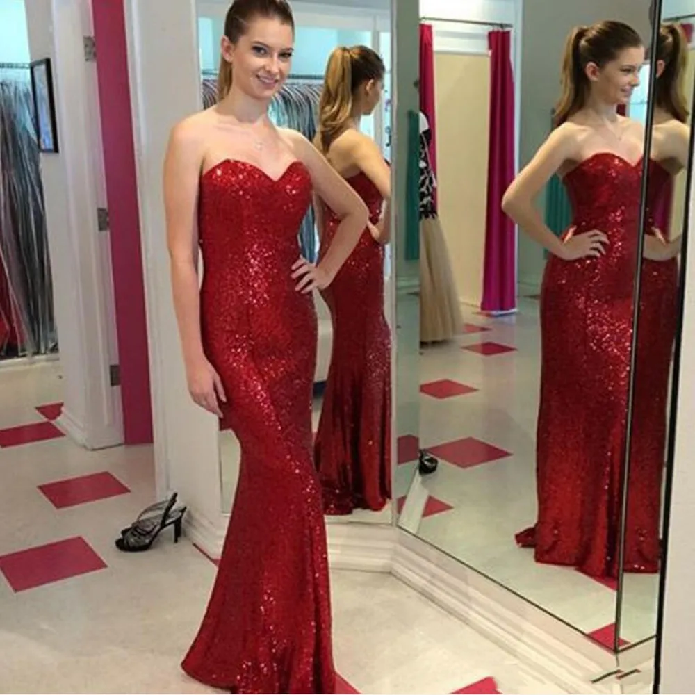 Sweetheart Vestidos De Baile สีแดง Ballkleider เลื่อม Mermaid พรหมชุดยาว Robe De Soiree Longue Evening فساتين السهرة