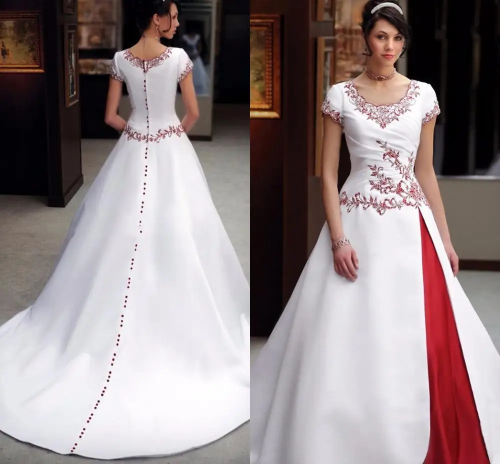 Vintage White And Red Stain Wedding Dresses 2022 Two Tone Lace Embroidery Buttons Cap Sleeve Bride Gown Vestidos De Novia